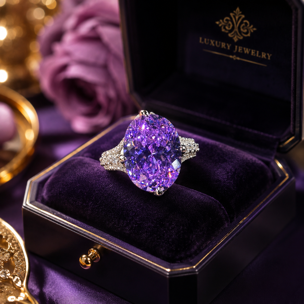 Women Oval Violet Tone Cubic Zirconia Statement Ring, Split Full Paved Shank Silver Plated Finger Jewelry