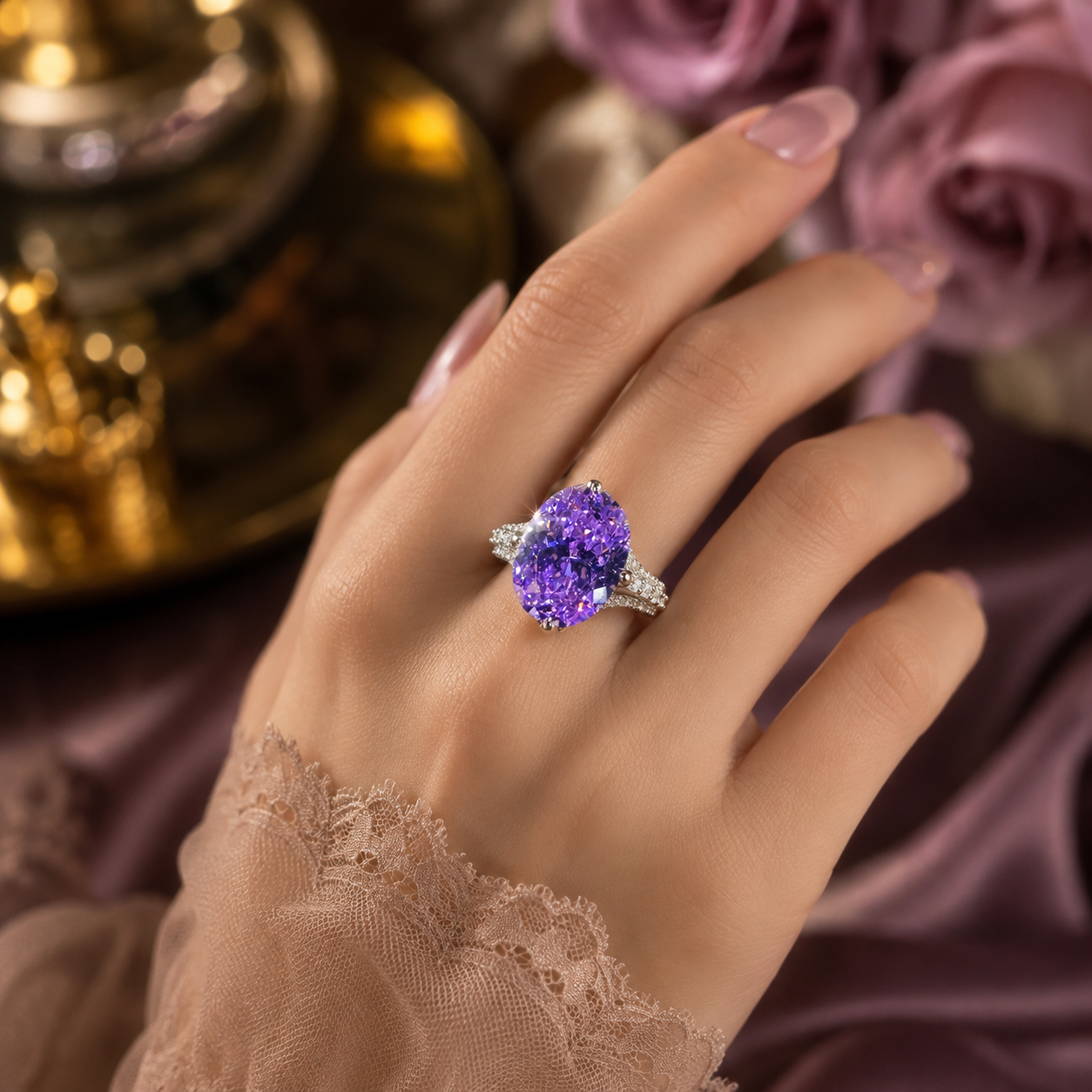 Women Oval Violet Tone Cubic Zirconia Statement Ring, Split Full Paved Shank Silver Plated Finger Jewelry